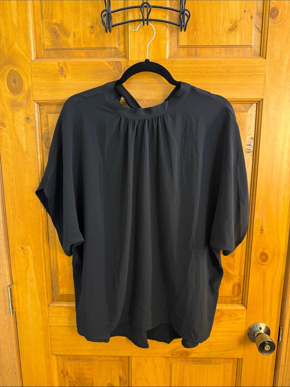 Women's Black Blouse with Gathered Neckline